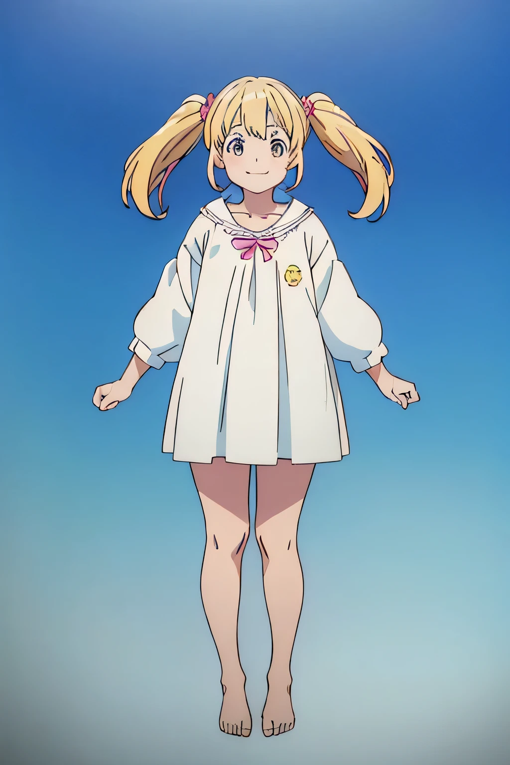 ((masterpiece))((highest quality))Background Single Color、No background、One color in the background、Blonde twin tails、、smile、Empty your hands、one piece、whole body、Down to the feet
