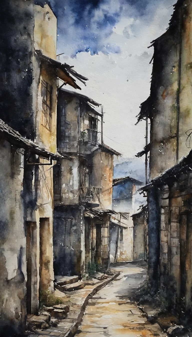 ((watercolor)), landscape, Blurred, ennui, cloudy, Dark Sky, China, Residential Street, Village, danger, (Senior), (Intensive), Alley, Foggy, Loneliness, Shabby, Dim, daily, Hidden Beauty, shadow, old, Hazy, Silence, decline, (narrow street), Lonely, Devastation, Shadow of the City, melancholy, Loneliness, nostalgia,