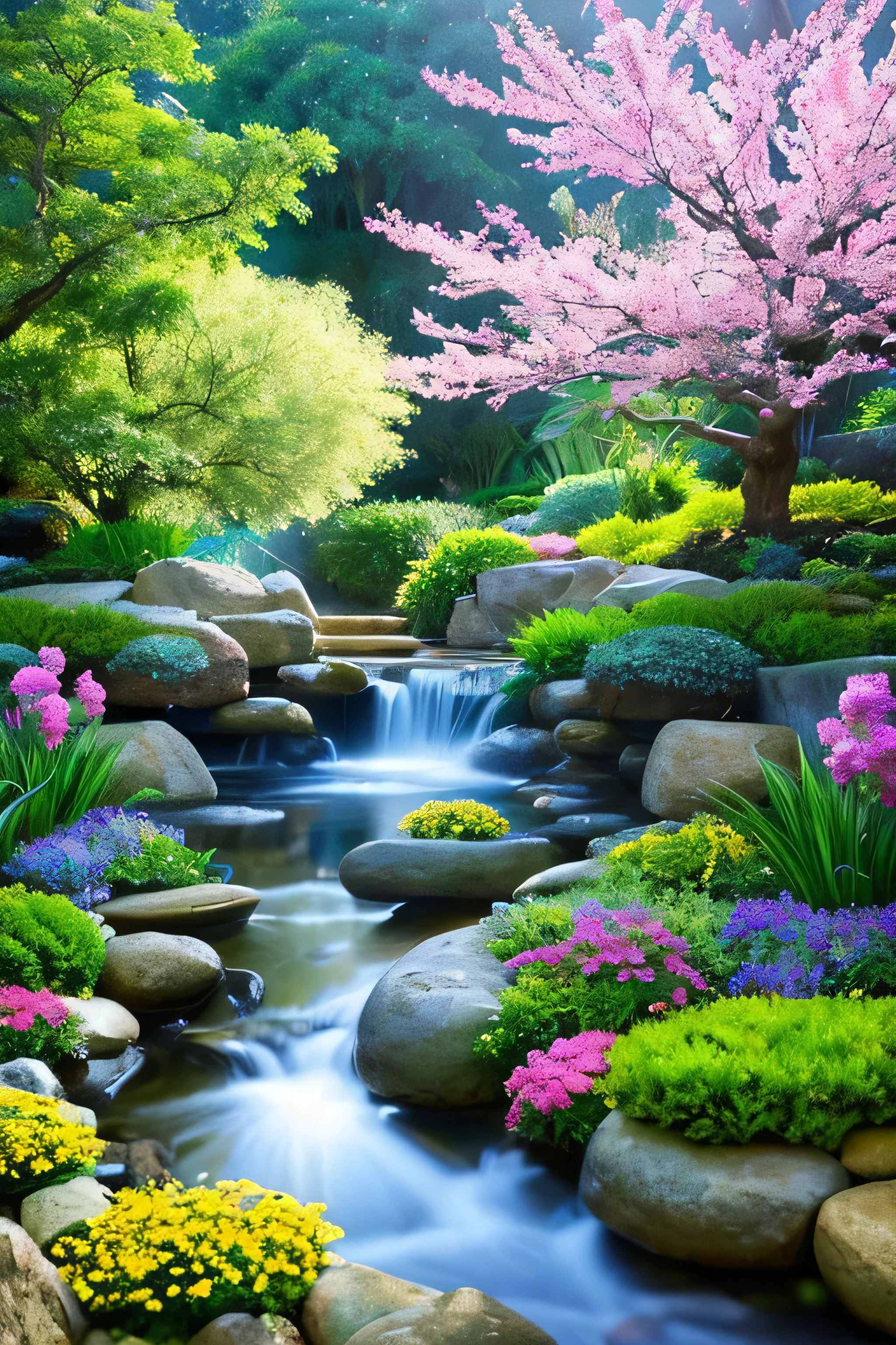 Mysterious World Zen Garden Dazzling Clouds Quietly Flowing Water Colorful Flowers 、rain、rain、rain、 Fresh air, natural symphony, perfect harmony, magical beauty, enchanting melodies, heavenly harmony, calming colours, paradise, nirvana serenity, mystical aura, dreamy surroundings, waterfalls, angels, pure bliss, divine presence, magical aura, eternal symphony of peace and happiness 
