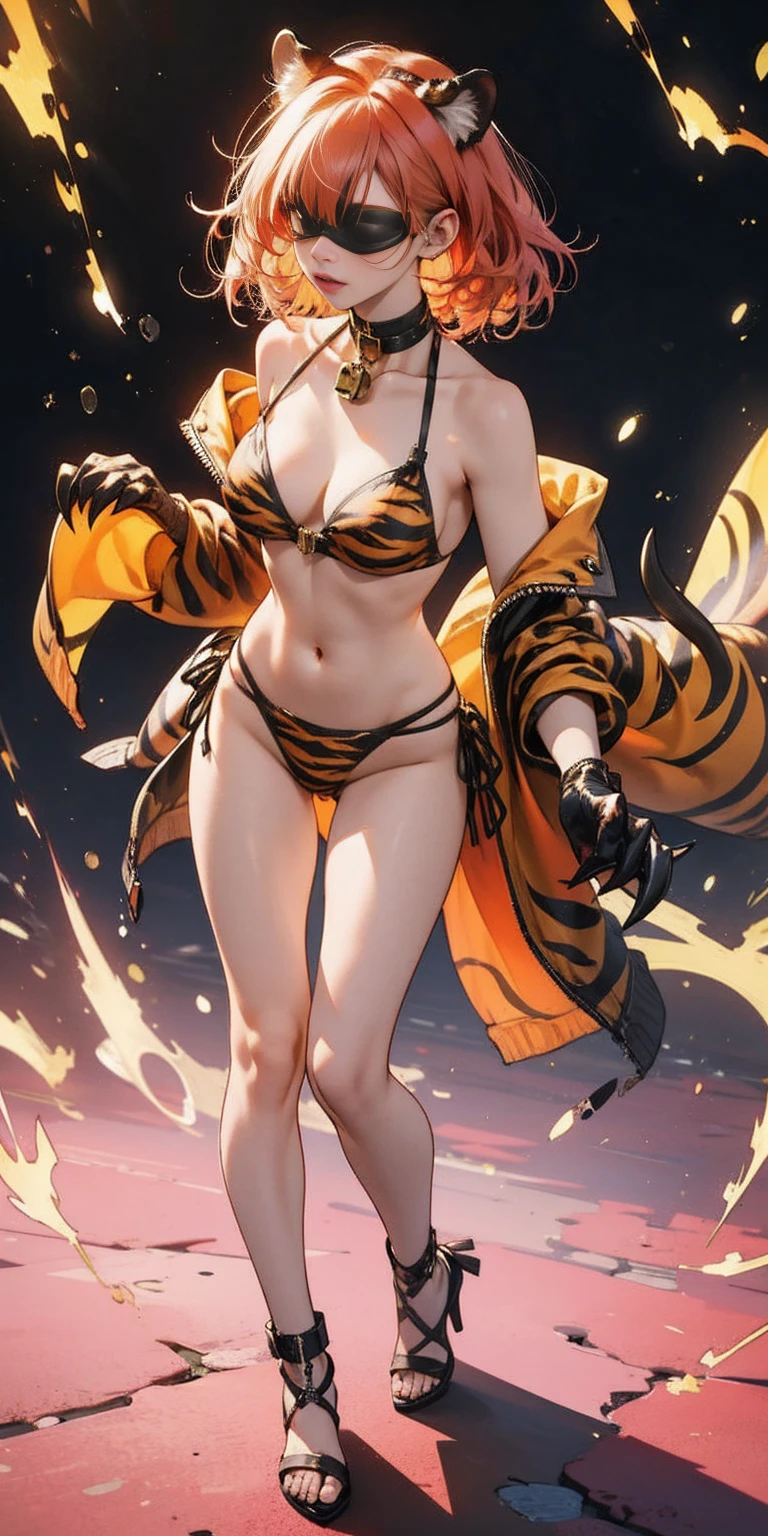 1 solo female gazed (blindfolded), animal tiger ears, animal tiger hands, animal tiger print, bell, bikini, breasts, choker, claws, cleavage, collar, full body, gloves