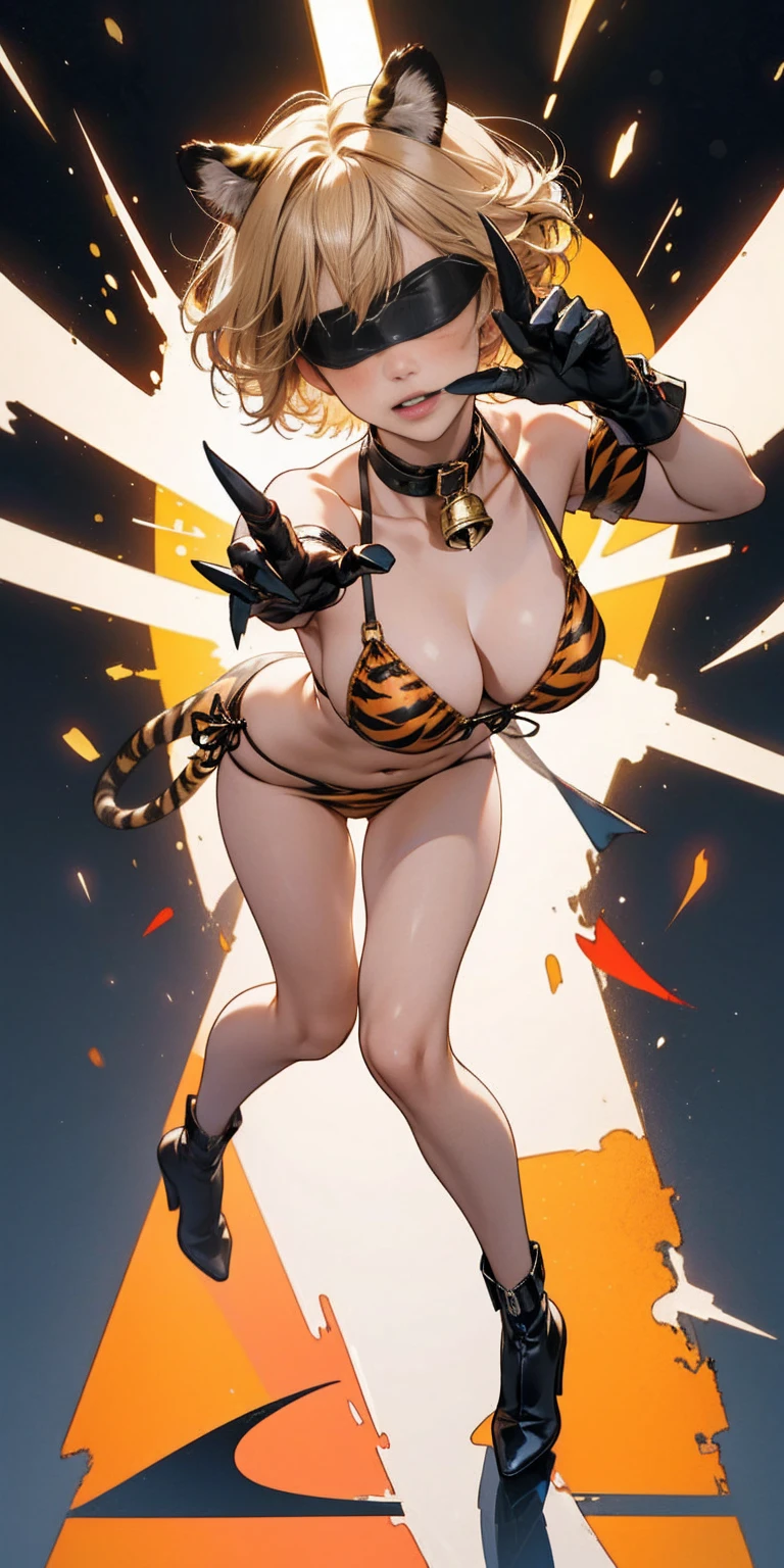 1 solo female gazed (blindfolded), animal tiger ears, animal tiger hands, animal tiger print, bell, bikini, breasts, choker, claws, cleavage, collar, full body, gloves