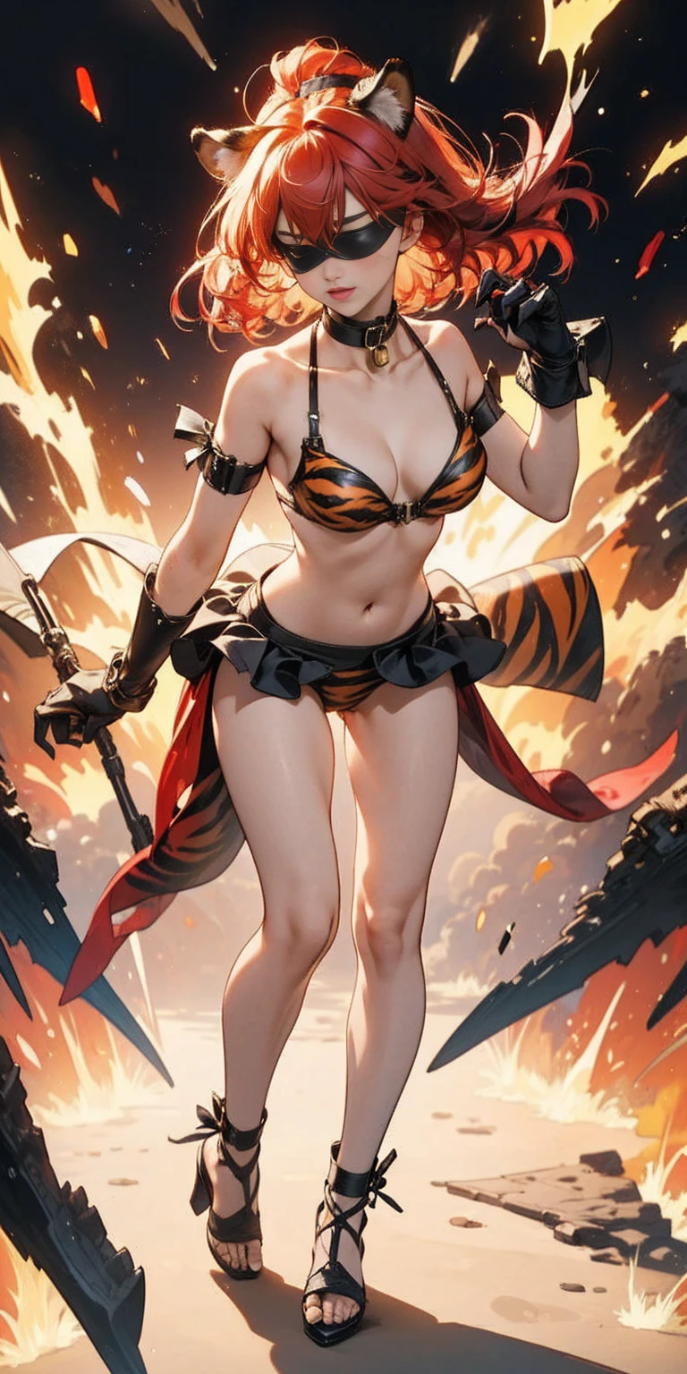 1 solo female gazed (blindfolded), animal tiger ears, animal tiger hands, animal tiger print, bell, bikini, breasts, choker, claws, cleavage, collar, full body, gloves