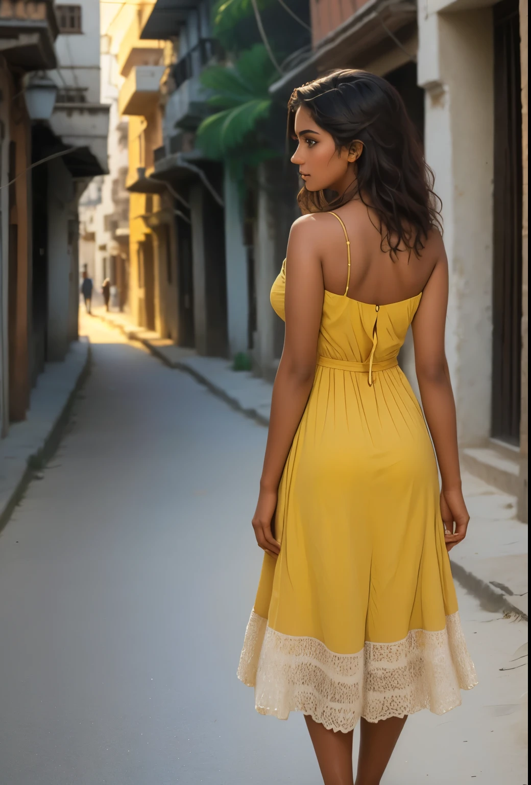  woman in a yellow dress walking down a street, leaked image, indian girl with brown skin, sexy girl with dark complexion, 30-year-old woman from cuba, profile pic, indian, tanned ameera al taweel, during golden hour, at golden hour, actress, lovely woman, shot at golden hour, gorgeous lady, mixed art