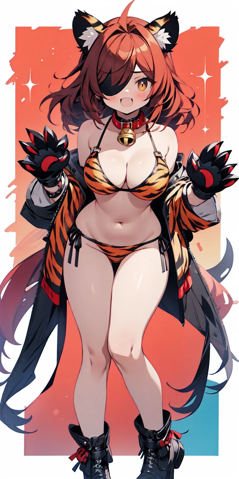 1 solo female gazed (blindfolded), animal tiger ears, animal tiger hands, animal tiger print, bell, bikini, breasts, choker, claws, cleavage, collar, full body, gloves