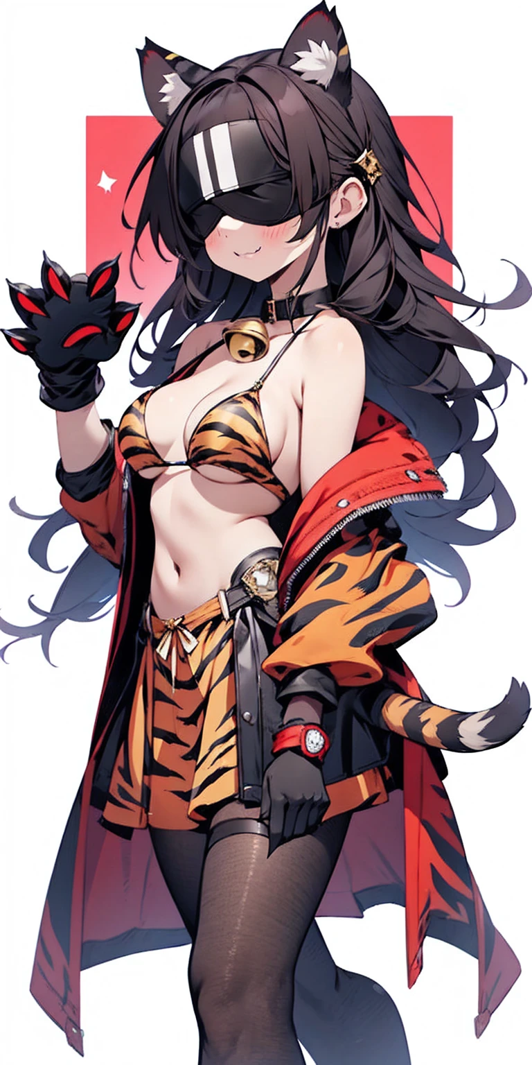 1 solo female gazed (blindfolded), animal tiger ears, animal tiger hands, animal tiger print, bell, bikini, breasts, choker, claws, cleavage, collar, full body, gloves