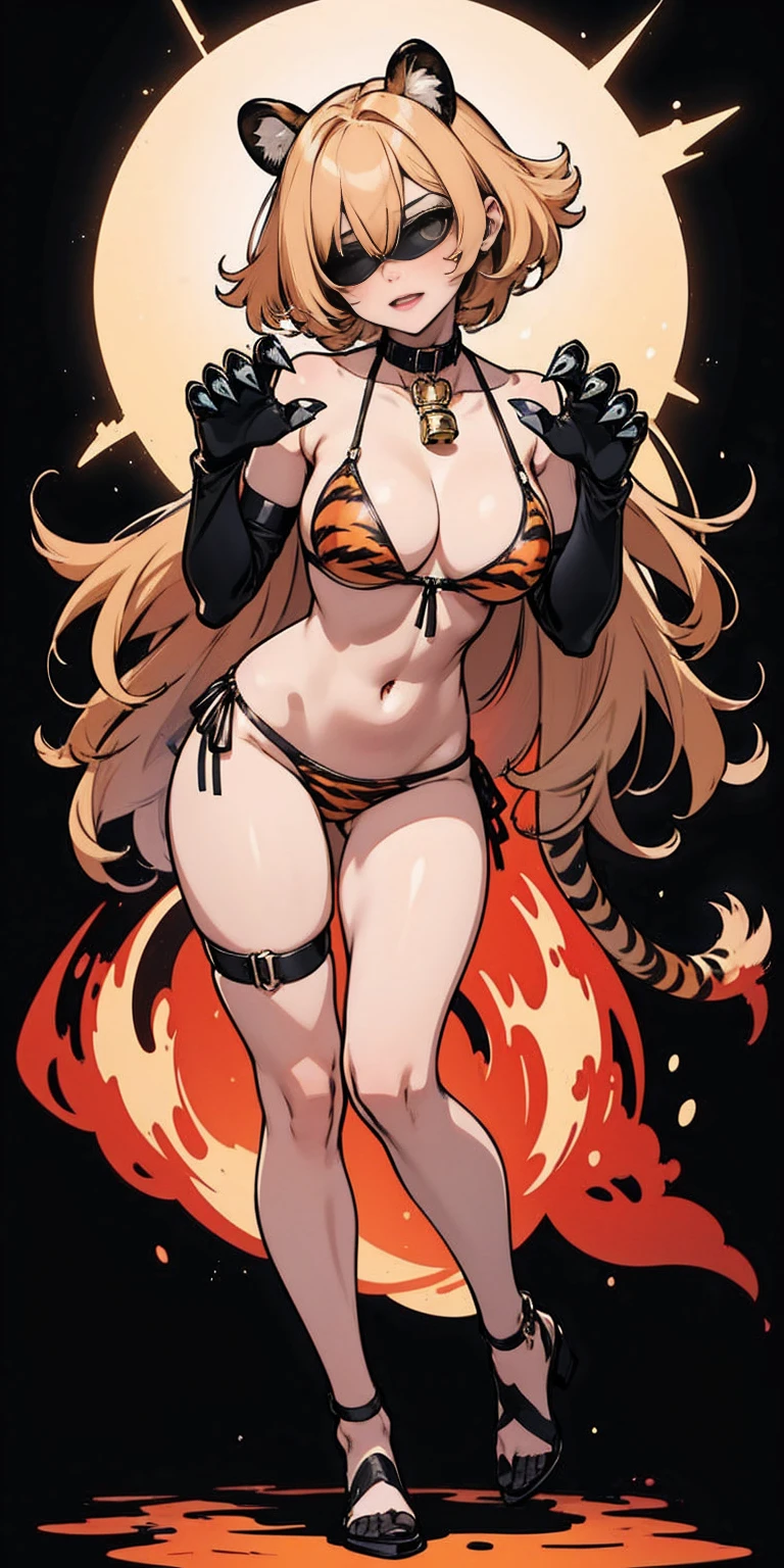 1 solo female gazed (blindfolded), animal tiger ears, animal tiger hands, animal tiger print, bell, bikini, breasts, choker, claws, cleavage, collar, full body, gloves