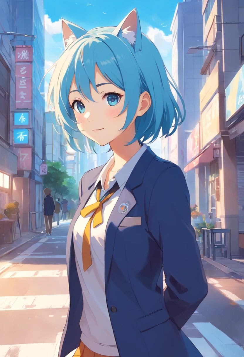 Please draw a cute girl in the style of illustrator Shigure Ui&#39;s illustrations, with light blue hair, light blue eyes, cat ears, a peace sign in the left hand, a Pilcru in the right hand, a smiling face, bob hair, wearing a blazer uniform, and with the whole body of the girl in the background being a school.