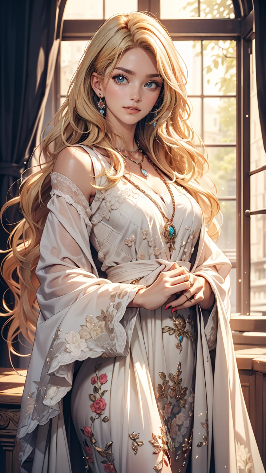 (highest quality, High resolution, masterpiece :1.3), 25-year-old Caucasian female、Platinum Blonde、blue eyes、Semi-long hair、My hair is wavy、smile、I'm wearing earrings、I'm wearing a necklace、Wearing accessories on wrists and ankles、I'm wearing a ring、I want my head to stay off screen、Wearing red nail polish、I'm getting a pedicure、smile、Wearing a sleeveless zipper-up top、Wearing a pleated skirt、I'm wearing high heels、I'm wearing black stockings、Low - Angle、Wearing a lace choker、The old town is centered around the church、Standing in an alleyway of brick buildings in the old town with her hands on her hips、Have a clutch bag、Make up