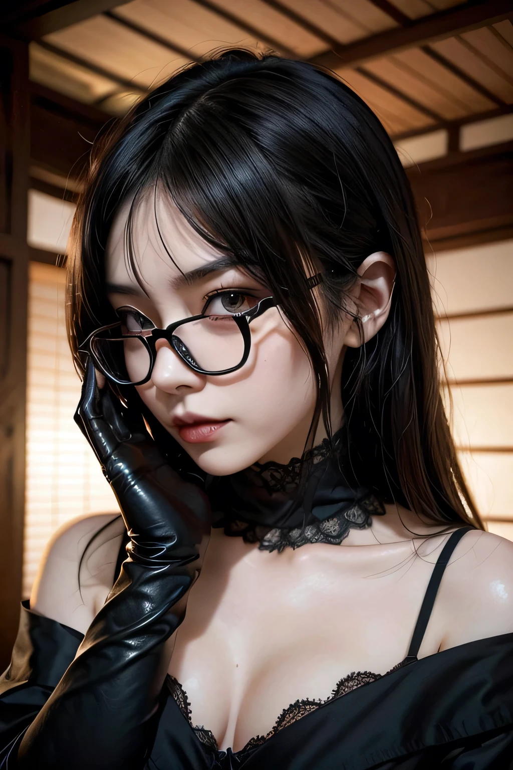  sexy gothic woman holding a japanese mask towards her face while wearing dark clothing wearing thin glasses