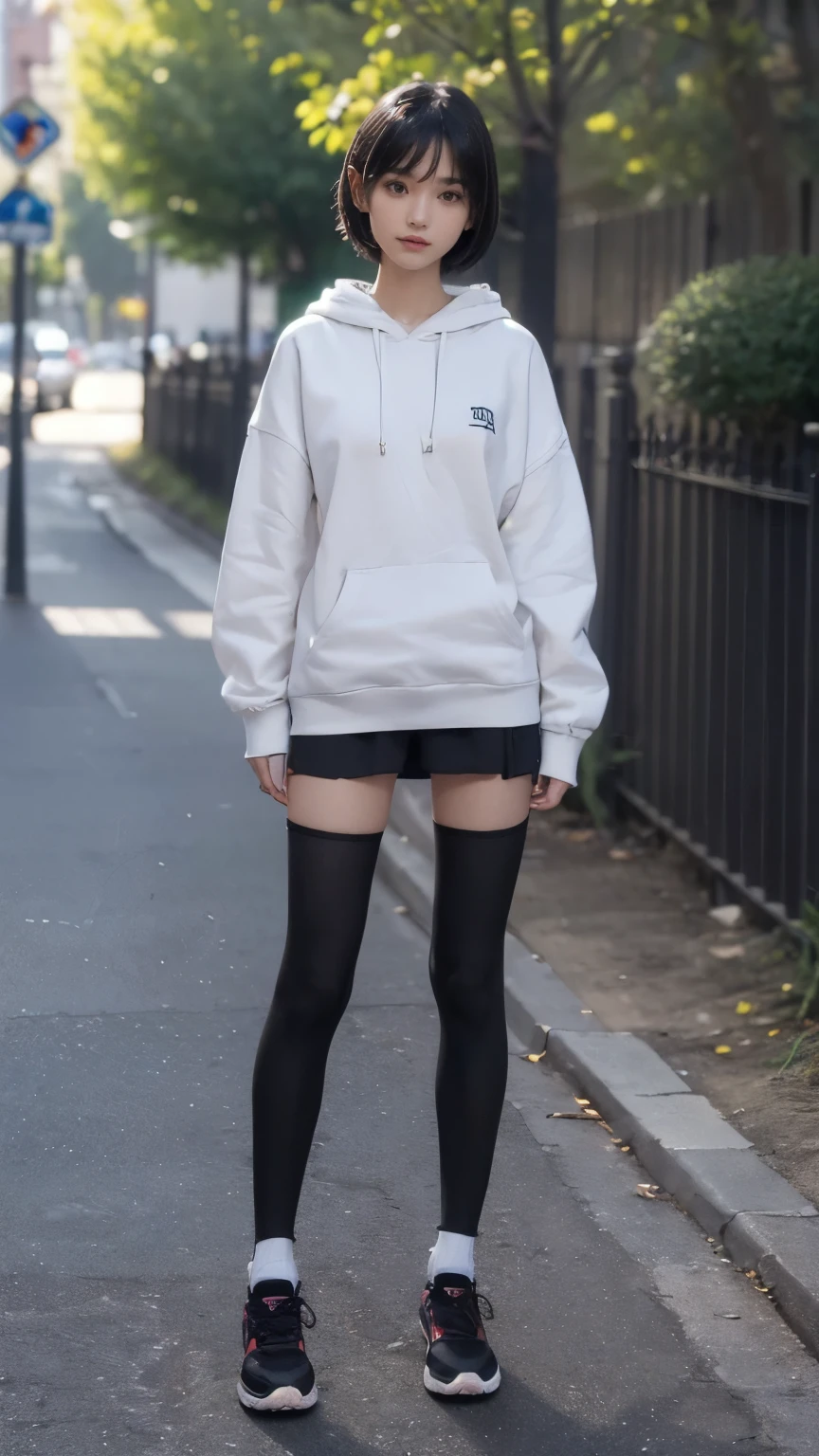 (((Backwards:2.0, Point your ass to the camera:2.0, Standing posture:1.5))), (((Clothing:2.0, Knee-length sweatshirt:2.0, Knee-high socks:1.8, sneakers:1.5))), (Street Corner:1.5), ((A grin:1.3, Short Hair:1.2, slender:1.5, Small Ass:1.5)), ((Japanese, 1 Girl, 18-year-old, 7 heads, Ideal body proportions, Black Hair, With bangs, Small breasts, Erect nipples, slender, Small Ass, Beautiful feet, Skinny Legs)), Surrealism, Cinematic Lighting, Depth of written boundary, First Person View, F/1.8, 135mm, Ticker, Mastepiece, Curate, ((Anatomically correct:1.3)), Textured skin, Super Detail, High detail, High quality, Awards, Best Quality, High resolution, 8K
