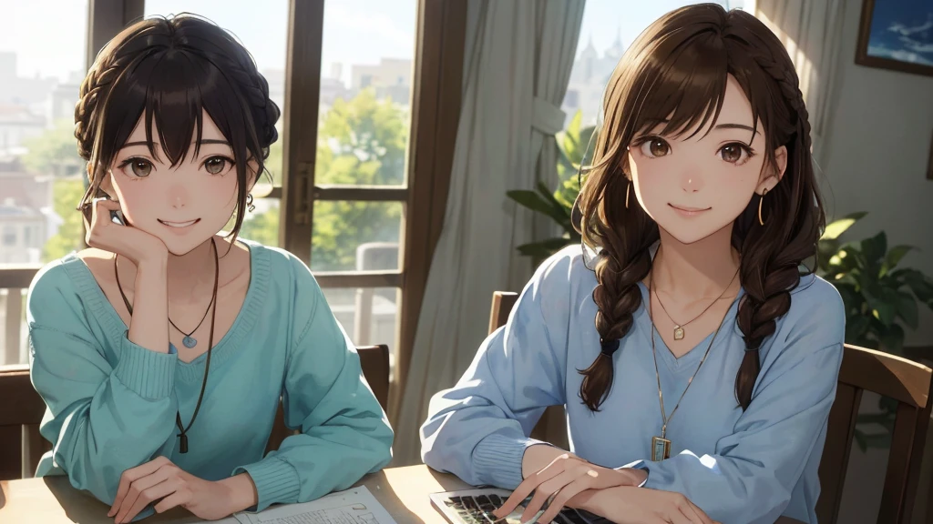 (highest quality、masterpiece、High resolution)、(Sargent-style watercolor)、(Anime Art)、(Beautiful Faceの詳細な描写)、A kind smile、Medium Short Hair、Dark Brown Hair、Braiding、、Cinematic Light、Blur the background、(1.8)。information(highest quality:1.2)、Very detailed、High resolution、masterpiece:1,2、Bright colors、Bokeh、Professional Lighting、Physically Based Rendering、Flat Color:0.8、Fine Illustration、Realistic:1.37、Makoto Shinkai style、Name Style、Light Brown Hair、エレlip、cheek(Dark Brown Hair/)bangs、cheek(direction)、(最高masterpiece1.2)繊細なイラストVery detailed、Break Blue Sky、Detailed Background、20-year-old female、whole bodyが写る、A shy smile、Through clenched teeth、Through clenched teeth、lip、cheek(Flat Color: 0.8)、(masterpiece: 1,2)、(masterpiece: 1,2)、High resolution、超High resolution、highest quality、High resolution、Ultra-thin illustration、Makoto Shinkai style、Your Name is Style、Short Bob、necklace、Earrings、Dynamic pose、Selfie、whole body、Brown Hair、Braiding、Hair Bun、ponytail・Hair Bunスタイル、necklace、Valletta、ribbon、Earringsアニキュア,。highest quality, Tabletop, Beautiful mature woman、Beautiful Face、a woman with a strong will、Office Suits、Brown haired、Brown eyes、Long Hair、Small eyes、Your face is facing the computer、whole bodyのような