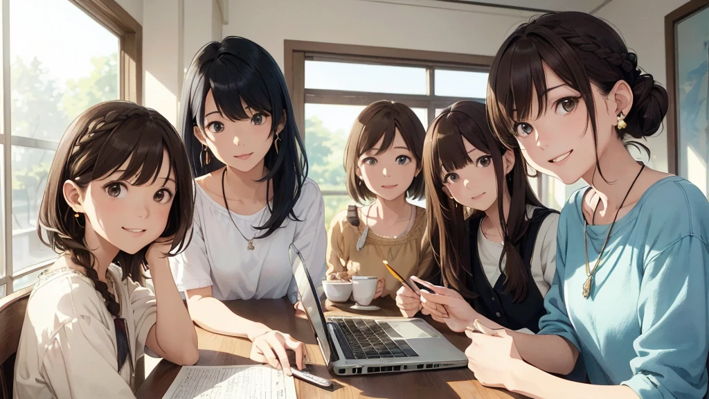 (highest quality、masterpiece、High resolution)、(Sargent-style watercolor)、(Anime Art)、(Beautiful Faceの詳細な描写)、A kind smile、Medium Short Hair、Dark Brown Hair、Braiding、、Cinematic Light、Blur the background、(1.8)。information(highest quality:1.2)、Very detailed、High resolution、masterpiece:1,2、Bright colors、Bokeh、Professional Lighting、Physically Based Rendering、Flat Color:0.8、Fine Illustration、Realistic:1.37、Makoto Shinkai style、Name Style、Light Brown Hair、エレlip、cheek(Dark Brown Hair/)bangs、cheek(direction)、(最高masterpiece1.2)繊細なイラストVery detailed、Break Blue Sky、Detailed Background、20-year-old female、whole bodyが写る、A shy smile、Through clenched teeth、Through clenched teeth、lip、cheek(Flat Color: 0.8)、(masterpiece: 1,2)、(masterpiece: 1,2)、High resolution、超High resolution、highest quality、High resolution、Ultra-thin illustration、Makoto Shinkai style、Your Name is Style、Short Bob、necklace、Earrings、Dynamic pose、Selfie、whole body、Brown Hair、Braiding、Hair Bun、ponytail・Hair Bunスタイル、necklace、Valletta、ribbon、Earringsアニキュア,。highest quality, Tabletop, Beautiful mature woman、Beautiful Face、a woman with a strong will、Office Suits、Brown haired、Brown eyes、Long Hair、Small eyes、Your face is facing the computer、whole bodyのような