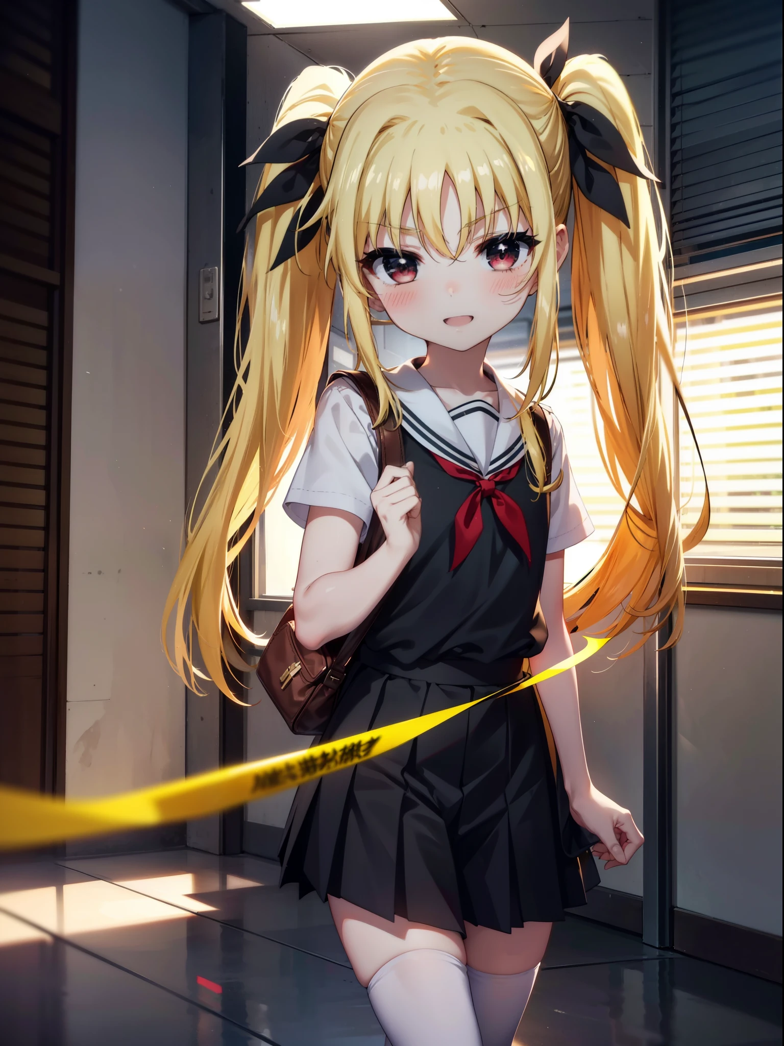 Face Testarossa, Build a Testarossa, Long Hair, Blonde Hair, (Red eyes:1.3),  Hair Ribbon,Twin tails,blush,happy smile, smile, Open your mouth,Japan High School Girl(Black sailor suit),Short sleeve,Black pleated skirt,White pantyhose,Brown loafers,Walking,So that the whole body goes into the illustration,Daytime,Clear skies,
break looking at viewer,全身
break indoors,School,corridor,
break (masterpiece:1.2), highest quality, High resolution, unity 8k wallpaper, (figure:0.8), (Beautiful fine details:1.6), Highly detailed face, Perfect lighting, Highly detailed CG, (Perfect hands, Perfect Anatomy),