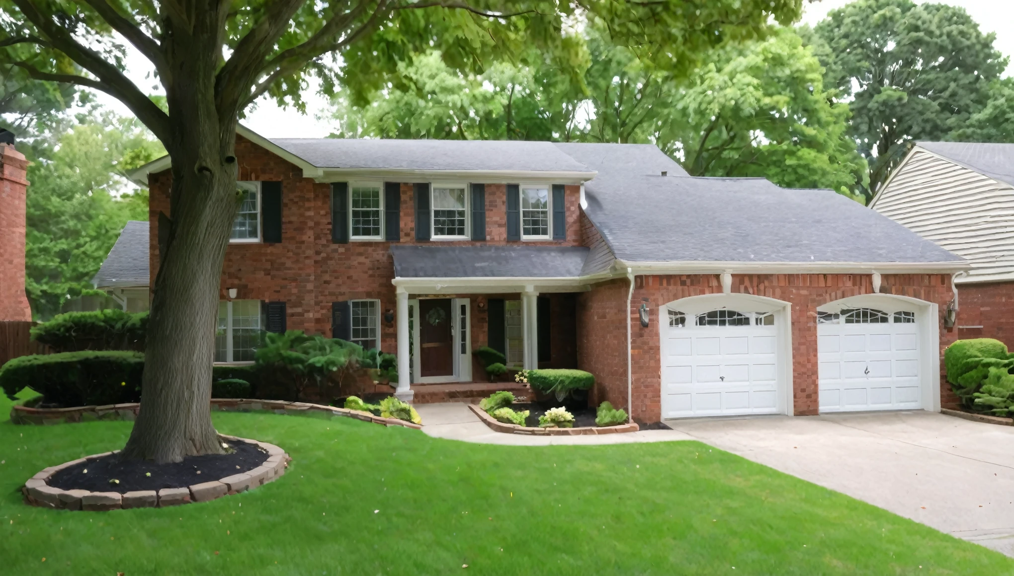 The image shows a single-story brick house with a well-maintained lawn and shrubbery in the front yard. The house features a symmetrical design with a central entrance and two large bay windows on either side. The entrance has double doors and is sheltered by a small overhang. The roof is hipped, covered with asphalt shingles. The driveway is expansive, leading up to a three-car garage. The mailbox, matching the house's brick design, is situated at the end of the driveway. The surrounding area appears open and green, with some trees and open space visible in the background.