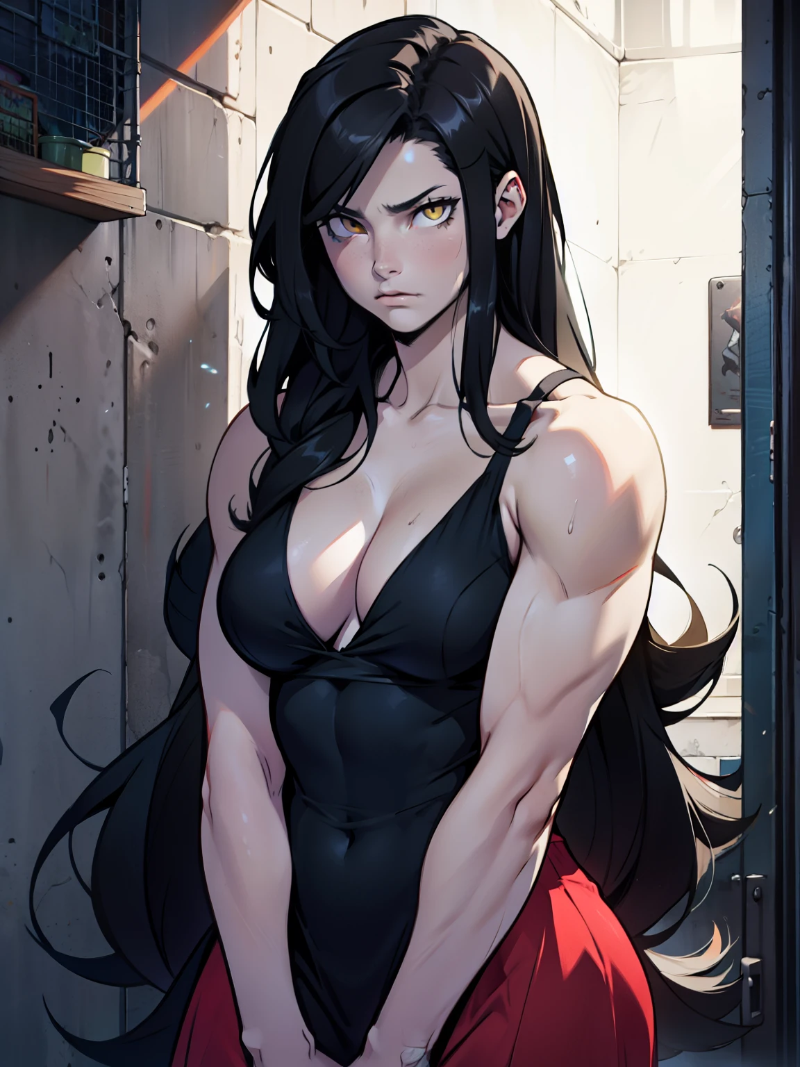 sad pale muscular girl breasts hair black hair yellow eyes extremely long hair sad