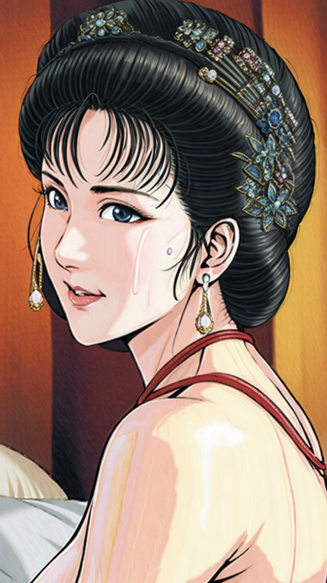 (best quality), (very aesthetic), (ultra-detailed), (best illustration),(a mature female),(NSFW),(perfect face),Suikoden,Mrs. Lin,((full_nude)),red cheek,sweating,skinny,chinese traditional bed room,lying on the bed,resting the back of the head on the pillow