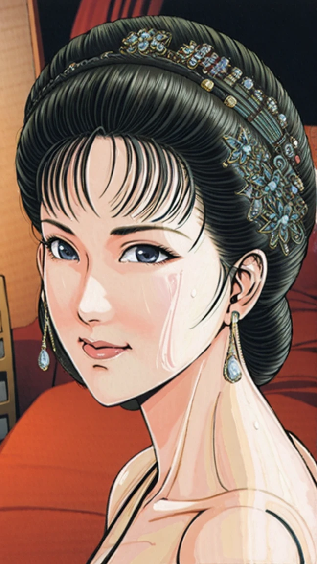 (best quality), (very aesthetic), (ultra-detailed), (best illustration),(a mature female),(NSFW),(perfect face),Suikoden,Mrs. Lin,((full_nude)),red cheek,sweating,skinny,chinese traditional bed room,lying on the bed,resting the back of the head on the pillow