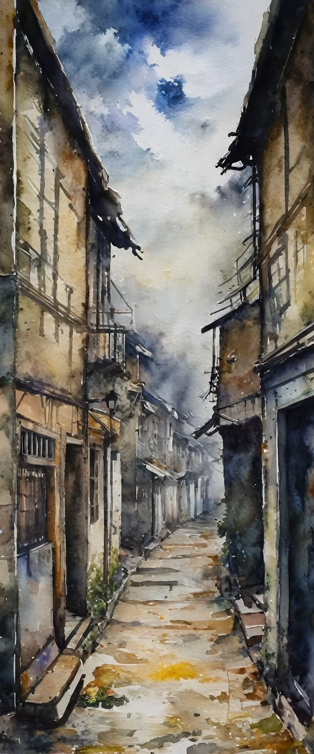 ((watercolor)), landscape, Blurred, ennui, cloudy, Dark Sky, China, Residential Street, Village, danger, (Senior), (Intensive), Light does not reach, Alley, Foggy, Loneliness, Shabby, Dim, daily, Hidden Beauty, shadow, old, Hazy, Silence, decline, (narrow street), Lonely, Devastation, Shadow of the City, melancholy, Loneliness, nostalgia, 
