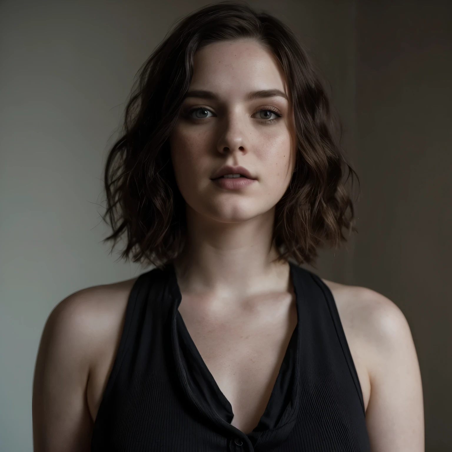 Overweight brunette woman, short wavy hair, extra pale skin, freckles, dramatic lighting with shadows, standing, goth makeup, 