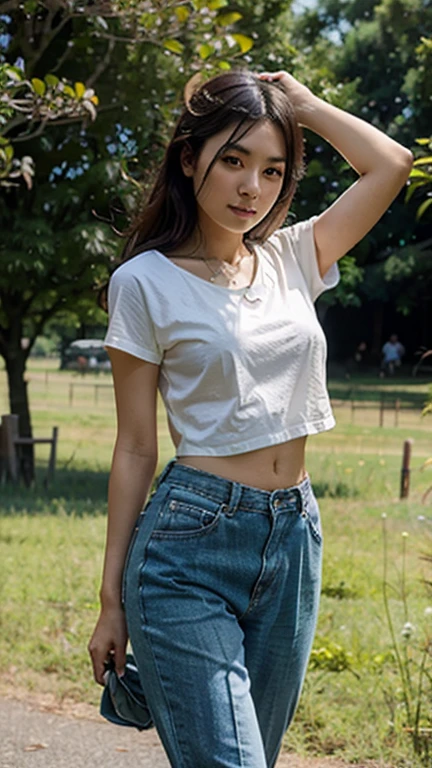 Taiwanese beauty，casual wear，Big meadow，walk，sunny，Sexy