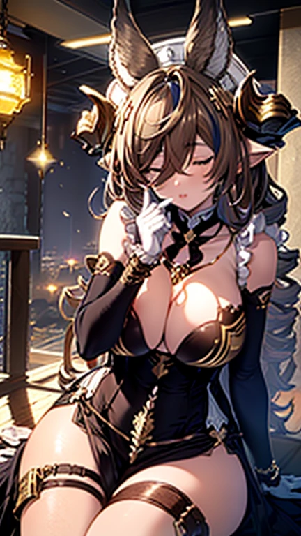 Put your hand on your cheek,Sitting on the stairs, ((highest quality)), ((masterpiece)),(detailed),High resolution,Sharp focus,Perfect Face,One girl, (非常にdetailed CG unity 8k wallpaper),(((Vibrant colors))), Galleon, horn, close your eyes, Big Tits,glamorous_expensive_Tight waist_Long legs,curve,Cleavage, shiny 肌,very shiny 肌,Shiny body,plastic glitter 肌,exaggerated shiny 肌,illuminated skin))), ((detailedなボディ)),(detailedな顔)), cute,Lewd,erotic,Bold,Camel Toe,erection of nipple, (Flying debris, 超High resolution),(((Brown and Gold Theme))),Wear an iridescent aura, Invisible Light, Amazing shine, neon blue glow, The colors of another world,Bright colors, Long dress, White gloves, Frills, Removable sleeves, Frills袖, Brown knee socks,Absolute area, Thigh straps, flower,
