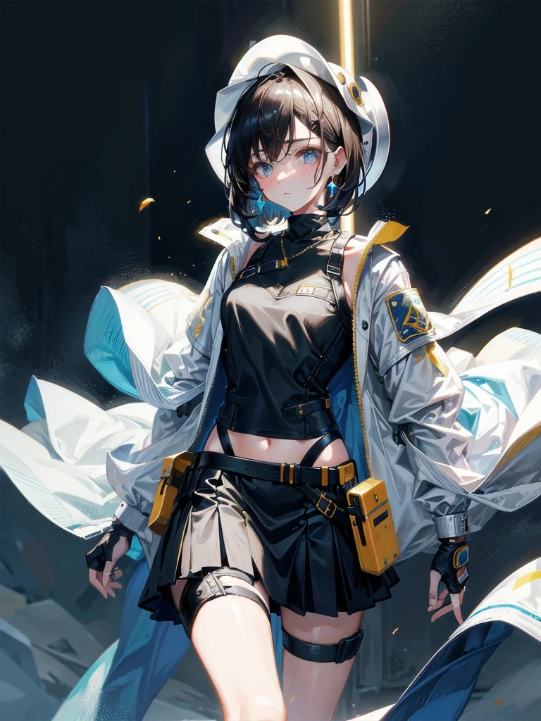 Sci-Fi fashion, high-tech gear, future, cowgirl costume, vest, cowboy hat, fingerless gloves, midriff, neckerchief, short skirt, holster, absurdres, RAW photo, extremely delicate and beautiful, masterpiece, Best Quality, ultra high resolution, 32k, hyperrealistic, ultra-detailed, detailed description, pale skin, 20 years old, tearful mole, earring, short medium hair, wavy hair, whole body shot,