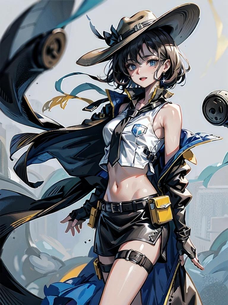 Sci-Fi fashion, high-tech gear, future, cowgirl costume, vest, cowboy hat, fingerless gloves, midriff, neckerchief, short skirt, holster, absurdres, RAW photo, extremely delicate and beautiful, masterpiece, Best Quality, ultra high resolution, 32k, hyperrealistic, ultra-detailed, detailed description, pale skin, 20 years old, tearful mole, earring, short medium hair, wavy hair, whole body shot,