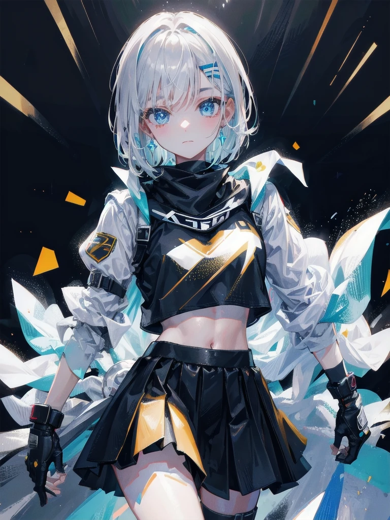 Sci-Fi fashion, high-tech gear, future, cowgirl costume, vest, cowboy hat, fingerless gloves, midriff, neckerchief, short skirt, holster, absurdres, RAW photo, extremely delicate and beautiful, masterpiece, Best Quality, ultra high resolution, 32k, hyperrealistic, ultra-detailed, detailed description, pale skin, 20 years old, tearful mole, earring, short medium hair, wavy hair, whole body shot,