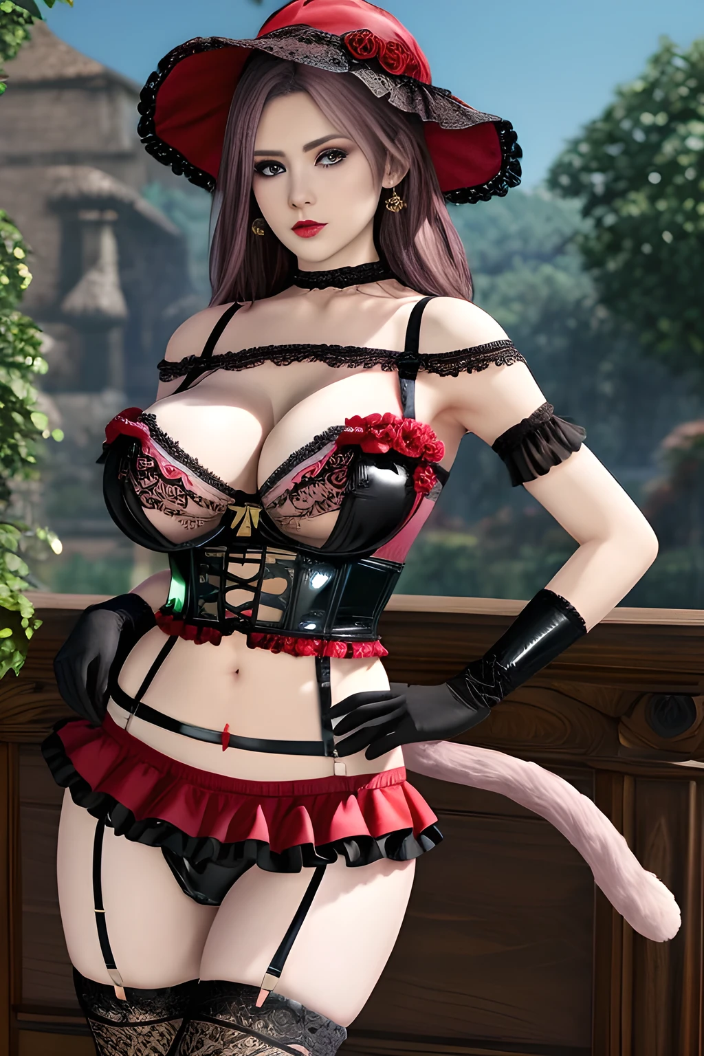 1 girl,BREAK (Royal:1.4), (red and black theme:1.5), ((red) bucket hat with rose corsage:1.4), (fusion of black high neck crop top and latex (red bustier):1.4), ((floral lace, see-through):1.3), ((sleeveless, bare shoulders):1.3), (red tiered skirt with black ruffles:1.4), ((ultra long gloves) with floral lace:1.3), (wrap a (cat garter) around thighs:1.4), outdoor,elegant,nighttime,moonlighe,shiny skin,( huge breasts), lip gloss,tattoos, masterpiece, best quality, realistic ,Surrealism,natural colors art in 8k,soft shadows,High-definition RAW color photos professional portrait photos,solo, elise,