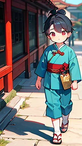 Ancient Chinese、Boy in ancient Chinese costume、Intelligent boy、Looking into the camera、Topknot on head、solid、Walking alone、
