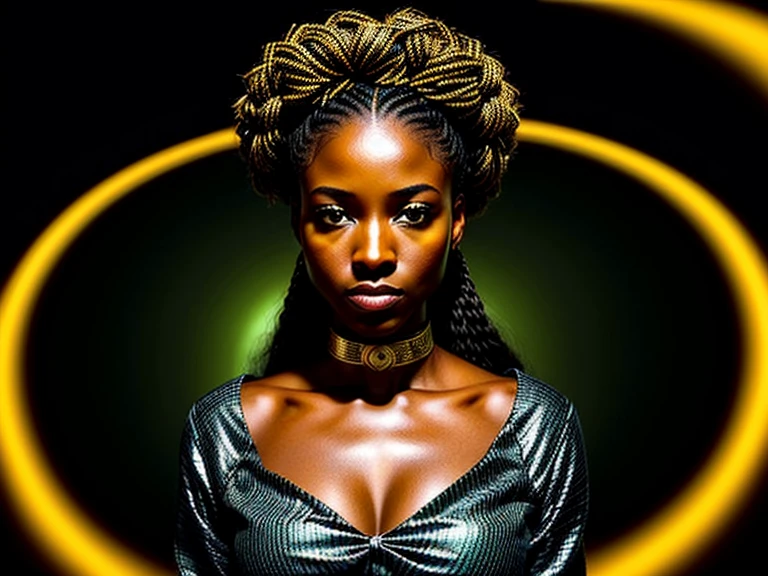 (((Femme noir africaine, peau couleur ébène intense et profond, peau parfaite, en mouvement,  marche, full body, cheffe d’entreprise, engineer, intelligente, directrice, scientifique))), ((best quality, extremely detailed:1.8, hyperRéaliste:1.5, photorealistic:1.5, grande profondeur de champ, vue de face, very beautiful 35 year old woman, Prise de vue en direct, robe tailleur de directrice)), ((femme debout, she has a serious pose, very long hair, black hair with gold and shiny green highlights, quelques mèches tressées, tresses africaine)), ((detailed black african woman face looking at camera, yeux verts claire électrique, cheffe d’entreprise,  feline silhouette)), (photorealistic), sharp eyes, poitrine push-up, very thin waist, jambes longues, longues jambes,  fine and detailed hands, detailed hairstyle, very long hair,  femme charismatique, charisme, charismatique, sparkling eyes, cheffe d’entreprise, engineer, intelligente, directrice, scientifique, 