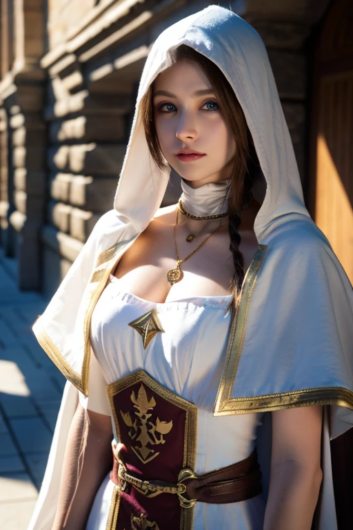 A full-body shot of Princess Zelda, brown hair, blue eyes, dressed as an Assassin from Assassins Creed, in white+gold witha white mask and hood with gold details, XL bust, using a wrist blade. Background: A city during the renaissance period. Unreal Engine 5, Anime, Anime style, Masterpiece, Well drawn eyes, well drawn face, well detailed eyes, well detailed face, 8k, light and shadow effect.