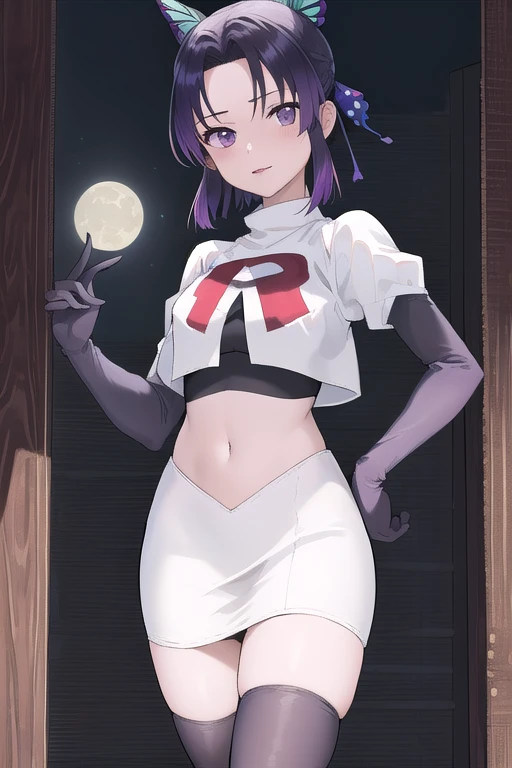 masterpiece, best quality, highres, 1girl, solo, kochou shinobu, butterfly hair ornament, purple eyes, multicolored hair, short hair, parted bangs, team rocket,team rocket uniform,white skirt,red letter R,crop top,black thigh-highs,black elbow gloves, cowboy shot, forest, night, moon