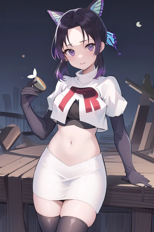 masterpiece, best quality, highres, 1girl, solo, kochou shinobu, butterfly hair ornament, purple eyes, multicolored hair, short hair, parted bangs, team rocket,team rocket uniform,white skirt,red letter R,crop top,black thigh-highs,black elbow gloves, cowboy shot, forest, night, moon
