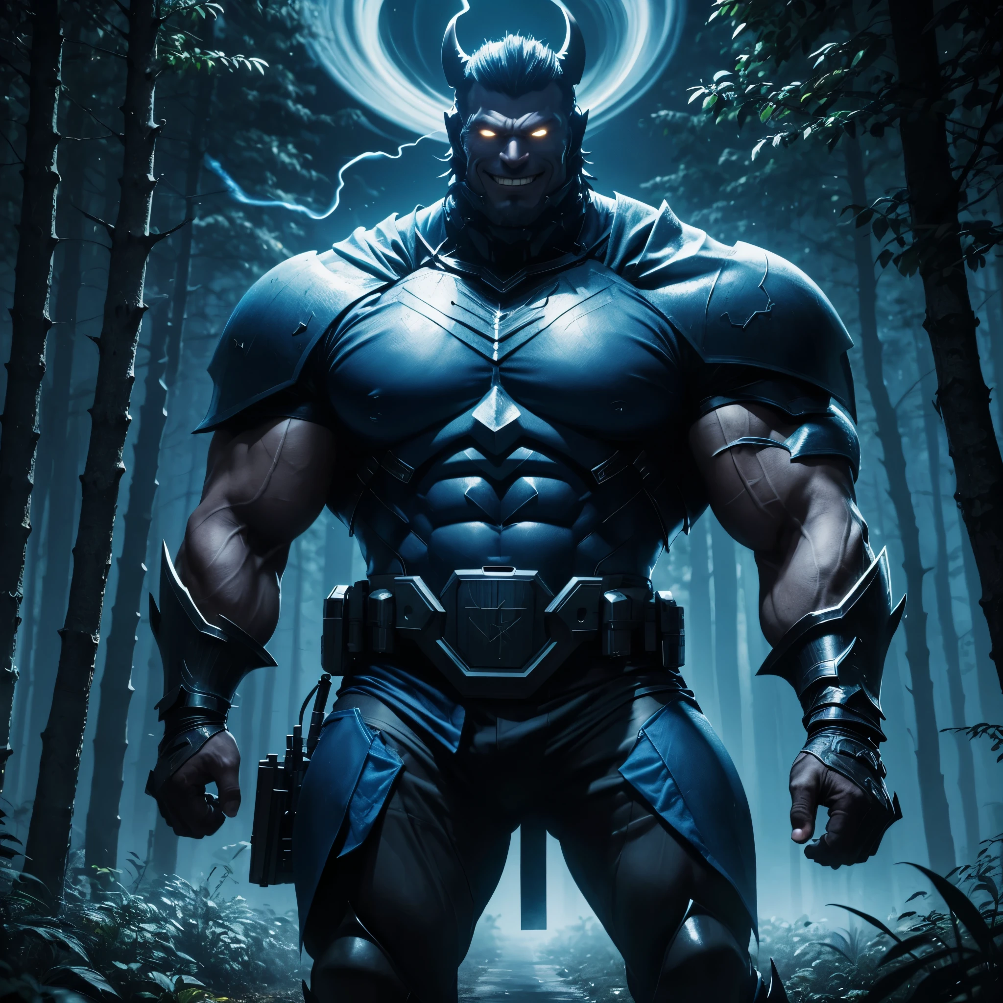 Dark monster knight with huge muscular body, gun, trees, smile, smoke, pixelized, glitch exploited, modern blue dress, 4k, detailed 8k,