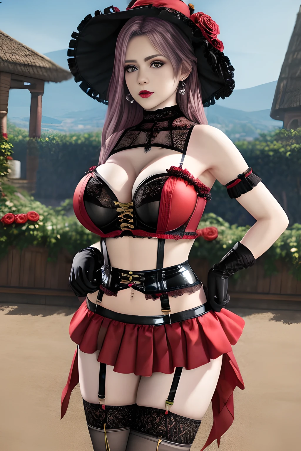 1 girl,BREAK (Royal:1.4), (red and black theme:1.5), ((red) bucket hat with rose corsage:1.4), (fusion of black high neck crop top and latex (red bustier):1.4), ((floral lace, see-through):1.3), ((sleeveless, bare shoulders):1.3), (red tiered skirt with black ruffles:1.4), ((ultra long gloves) with floral lace:1.3), (wrap a (cat garter) around thighs:1.4), outdoor,elegant,nighttime,moonlighe,shiny skin,( huge breasts), lip gloss,tattoos, masterpiece, best quality, realistic ,Surrealism,natural colors art in 8k,soft shadows,High-definition RAW color photos professional portrait photos,solo, elise,