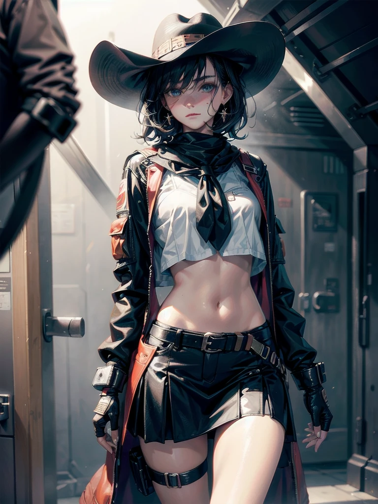 (Sci-Fi fashion), (high-tech gear), (future), cowgirl costume, vest, cowboy hat, fingerless gloves, midriff, neckerchief, short skirt, holster, absurdres, RAW photo, extremely delicate and beautiful, masterpiece, Best Quality, ultra high resolution, 32k, hyperrealistic, ultra-detailed, detailed description, pale skin, 20 years old, tearful mole, earring, short medium hair, wavy hair, whole body shot,