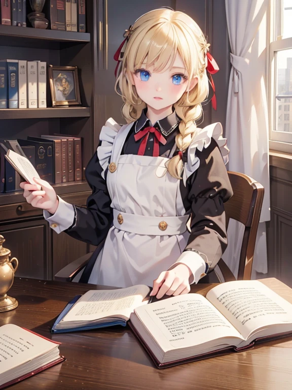 masterpiece, highest quality, Very detailed, 16k, Ultra-high resolution, 12 year old girl, Detailed face, blue eyes, Blonde, Braid, Red ribbon on head, Black maid outfit, Western-style building, Bookshelf, Book Arrangement