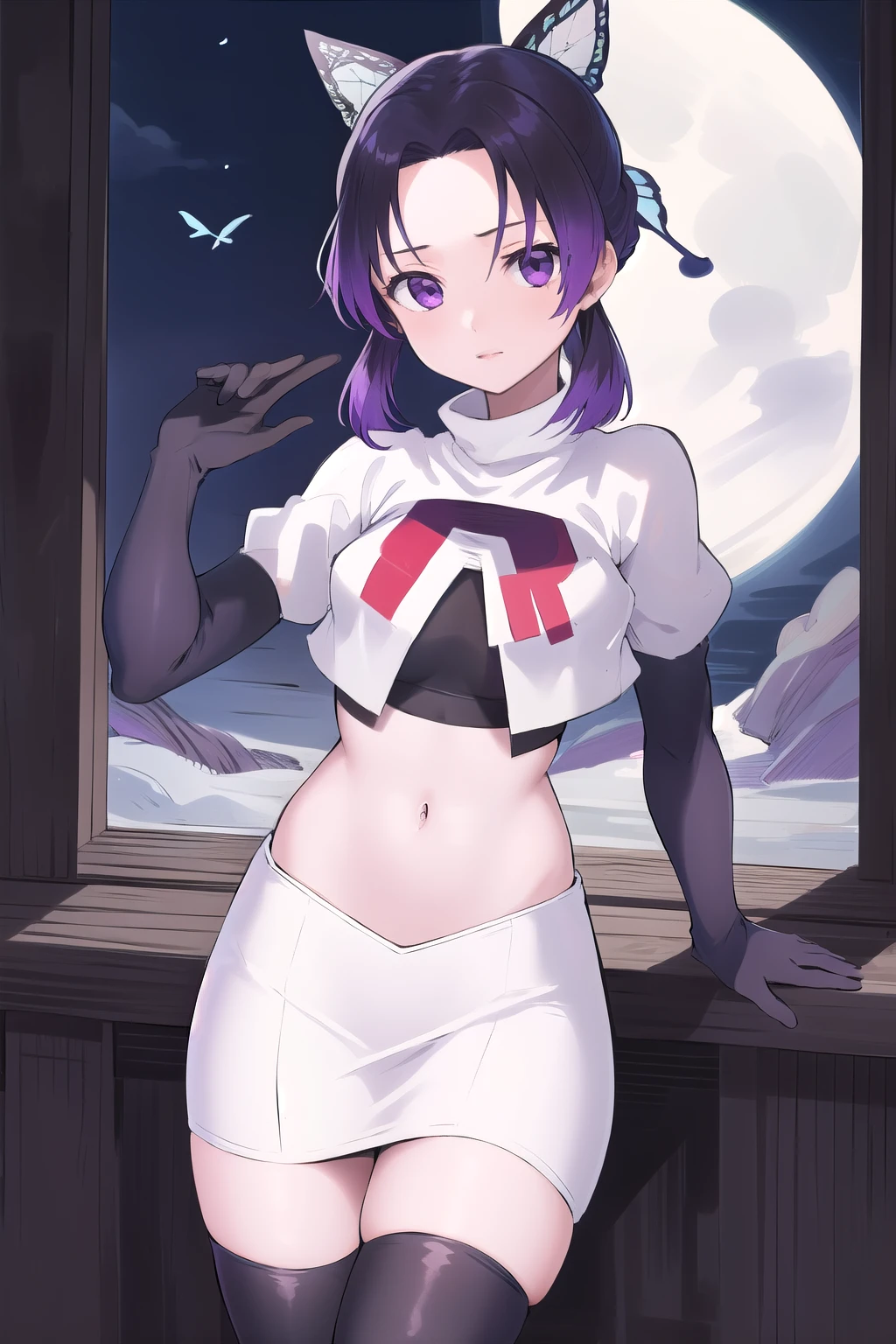masterpiece, best quality, highres, 1girl, solo, kochou shinobu, butterfly hair ornament, purple eyes, multicolored hair, short hair, parted bangs, team rocket,team rocket uniform,white skirt,red letter R,crop top,black thigh-highs,black elbow gloves, cowboy shot, forest, night, moon