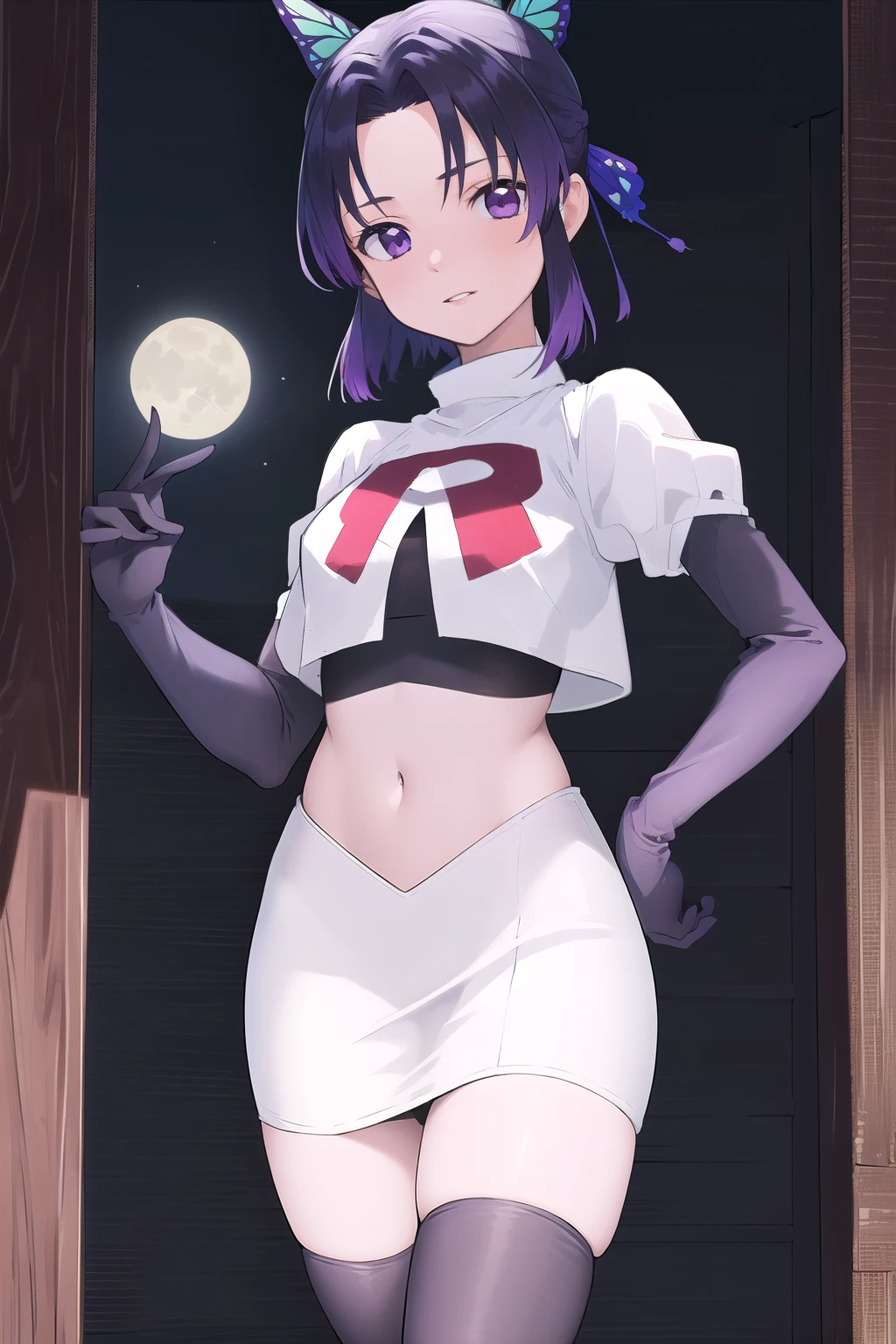 masterpiece, best quality, highres, 1girl, solo, kochou shinobu, butterfly hair ornament, purple eyes, multicolored hair, short hair, parted bangs, team rocket,team rocket uniform,white skirt,red letter R,crop top,black thigh-highs,black elbow gloves, cowboy shot, forest, night, moon