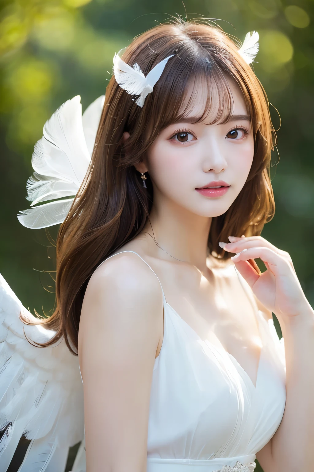 (((masterpiece、high resolution、high quality、Ultra-high resolution、Delicate、sunlight)))1 female、Brown hair long、Dense lips、((Angel、White Wings、White Feather、White Dress))