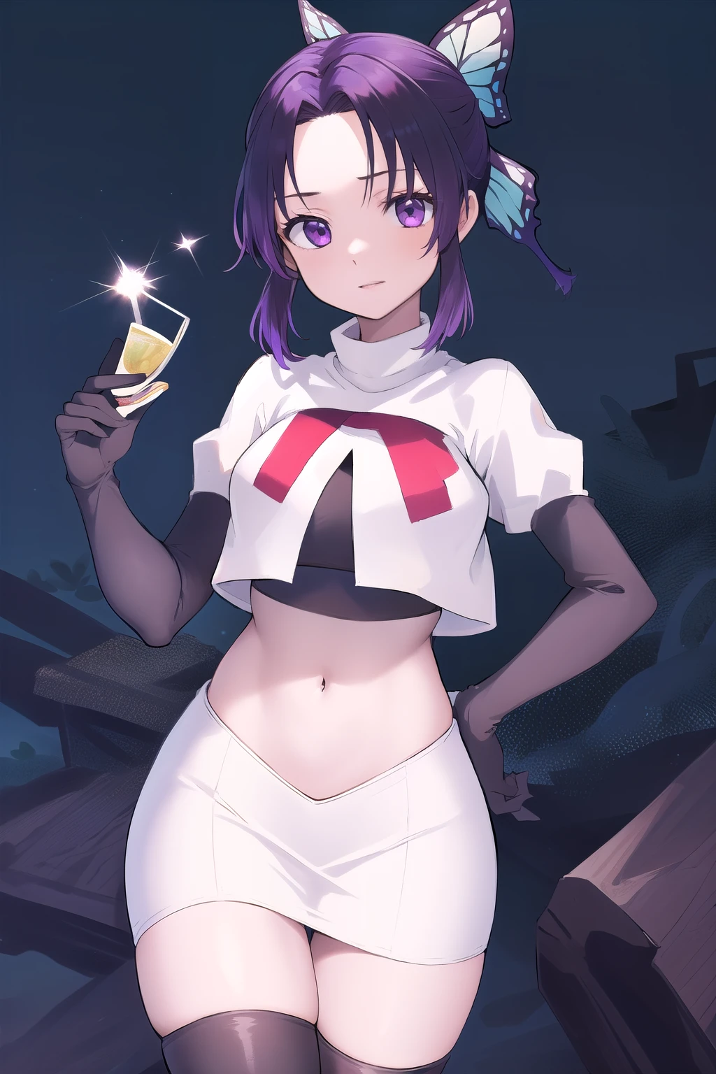 masterpiece, best quality, highres, 1girl, solo, kochou shinobu, butterfly hair ornament, purple eyes, multicolored hair, short hair, parted bangs, team rocket,team rocket uniform,white skirt,red letter R,crop top,black thigh-highs,black elbow gloves, cowboy shot, forest, night, moon