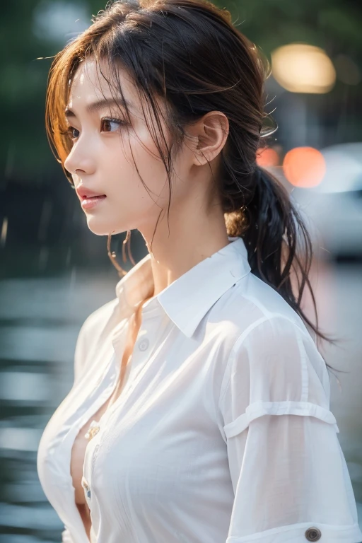 ((highest quality, 8k, masterpiece: 1.3)), sharp: 1.2, Perfect body beauty: 1.4, Slim Abs: 1.2, ((Layered Hairstyles, Big Breasts: 1.2)), (Wet White Button Long Shirt: 1.1), (rain, street: 1.2), Wet: 1.5, Highly detailed face and skin texture, Fine grain, double eyelid, Profile looking at the camera