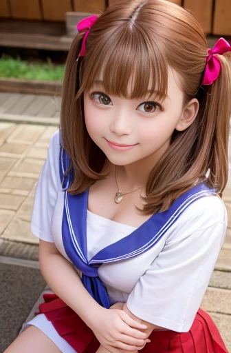 One girl, alone, masterpiece, highest quality,
The Irregular at Magic High School, mitsui honoka, Honoka Mitsui, Purple eyes, Brown Hair, Medium Hair, Twin tails, low Twin tails, Swept-apart bangs, , serafuku, clavicle, Sailor collar, blue Sailor collar, neckerchief, red neckerchief, No sleeve, No sleeve shirt, White shirt, Bare arms, Crop top, Crop top overhang, Cropped shirt, Skin dents, chestの谷間, Tight clothes, large chest, abdomen, belly button, skirt, blue skirt, miniskirt, pleated skirt, Knee socks, zettai ryouiki, loafers, chest,
wariza, Sitting, Put your hands on your knees, From above, look up, View Viewer,
blush, smile,
Outdoor, Grass