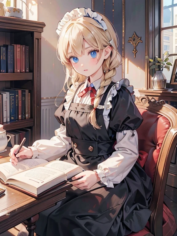 masterpiece, highest quality, Very detailed, 16k, Ultra-high resolution,  girl, Detailed face, blue eyes, Blonde, Braid, Red ribbon on head, Black maid outfit, Western-style building, libraryai, Bookshelf, Have many books