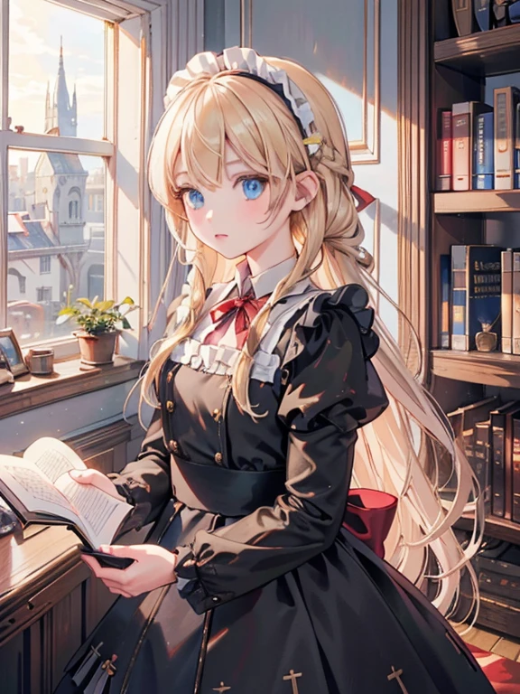 masterpiece, highest quality, Very detailed, 16k, Ultra-high resolution, 12 year old girl, Detailed face, blue eyes, Blonde, Braid, Red ribbon on head, Black maid outfit, Western-style building, libraryai, Bookshelf, Have many books