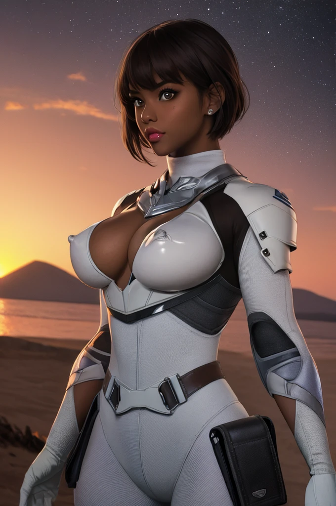 masterpiece, best quality, high quality, highres,  upper body, looking at viewer, twilight,  sunset, 
CARTOON_MariaHill_emh_ownwaifu, www.ownwaifu.com, 
1girl, dark skin, short hair, dark-skinned female, brown hair,  very short hair, breasts, makeup, lipstick, swept bangs, black eyes, dark-skinned female, medium breasts, lips, bangs, 
bodysuit, gloves, white gloves, belt, holster, black bodysuit, spacesuit, thigh holster, turtleneck, uniform, 
