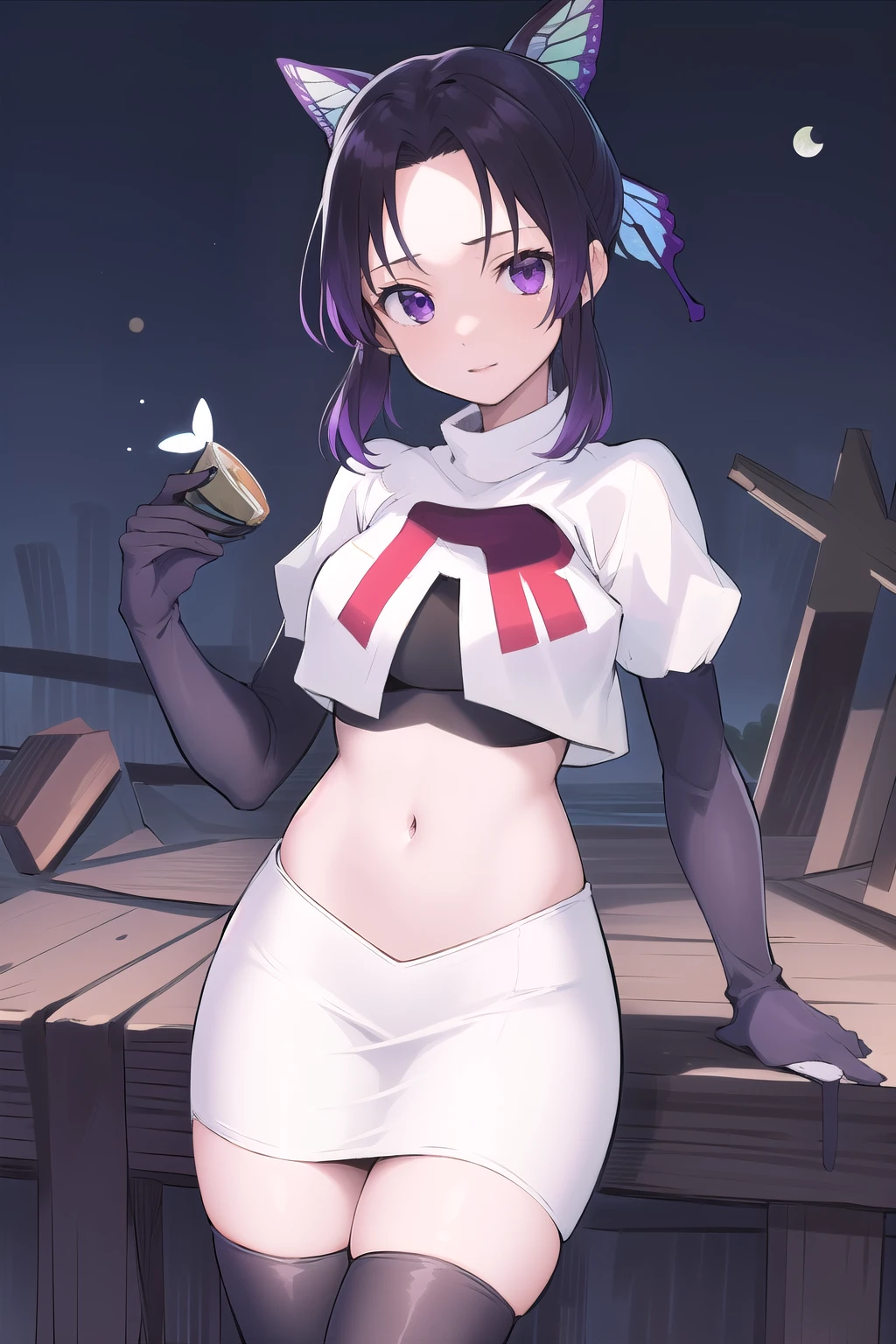 masterpiece, best quality, highres, 1girl, solo, kochou shinobu, butterfly hair ornament, purple eyes, multicolored hair, short hair, parted bangs, team rocket,team rocket uniform,white skirt,red letter R,crop top,black thigh-highs,black elbow gloves, cowboy shot, forest, night, moon