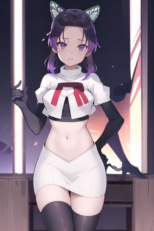 masterpiece, best quality, highres, 1girl, solo, kochou shinobu, butterfly hair ornament, purple eyes, multicolored hair, short hair, parted bangs, team rocket,team rocket uniform,white skirt,red letter R,crop top,black thigh-highs,black elbow gloves, cowboy shot, forest, night, moon