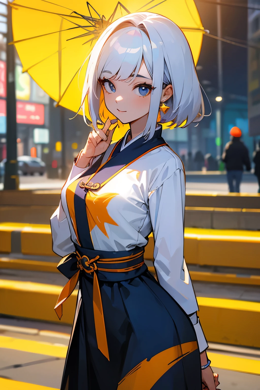 Corte bob enrolado, mulher de cabelo platinado com camisa de colarinho laranja posando para tirar foto na cidade, 8K Art German Bokeh, corpo bem proporcionado, linda mulher coreana, lindo colar, linda jovem coreana, retrato suave fotografado 8k, coreana, olhos duplos e estreitos, lindos olhos cinzentos, O Tran 8K, linda jovem, mulher coreana, linda garota loira